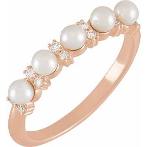 14K Rose Gold Cultured White Seed Pearl & 1/10 CTW Natural Diamond Anniversary Band Size 7
