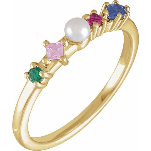 14K Yellow Or White Gold 3 Mm Polished Cultured White Freshwater Pearl And Natural Multi-Gemstone Ring, Size 7