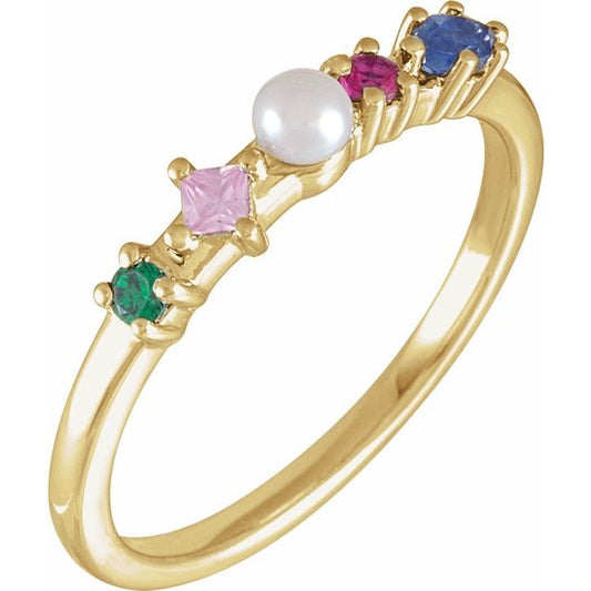 14K Yellow Or White Gold 3 Mm Polished Cultured White Freshwater Pearl And Natural Multi-Gemstone Ring, Size 7