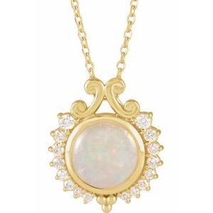 14K Yellow Gold Round 8Mm G-H I1 Natural White Opal And 1/6 Ctw Natural Diamond Necklace, Length: 18 In