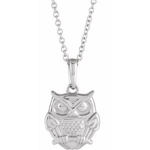 Sterling Silver 17.33 X 10.03 Mm 16-18 In Polished Owl Necklace