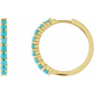 14K Yellow Gold Pair Round Shape 2 Mm Natural Turquoise Cabochon Hinged Hoop Earrings, Length: 20 Mm, Thickness: 2.32 Mm