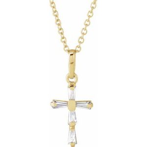 14K Yellow Gold Tapered Baguette 3 X 1.5 Mm  Cz Youth Cross Necklace, Length: 15 In