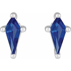 14K White Gold Shield 5 X 2.25 Mm Lab-Grown Blue Sapphire Basket Earrings