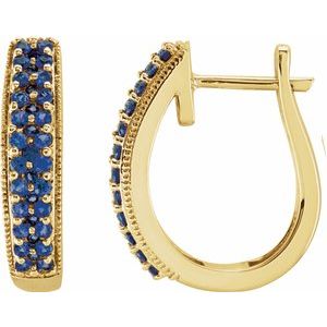 14K Yellow Gold Pair Round Shape Natural Blue Sapphire Hinged Hoop Earrings, Length: 18.5 Mm, Thickness: 4.6 Mm