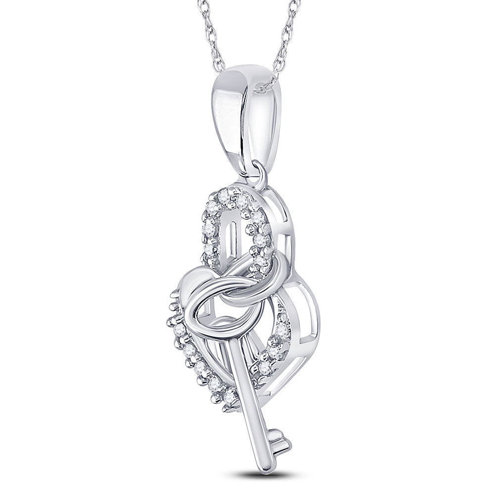 10K Yellow Or White Gold  Womens Round Diamond Heart Lock Key Dangle Pendant 1/10 Cttw, Width: 0.31 In
