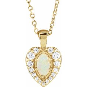 14K Yellow Gold Oval 5 X 3Mm G-H I1 Natural White Opal And 1/8 Ctw Natural Diamond Cabochon Necklace, Length: 18 In
