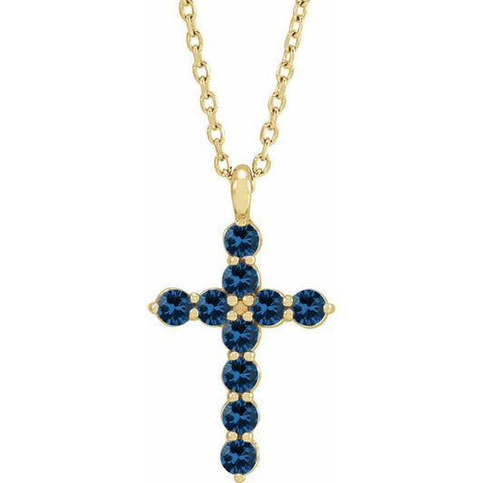 14K Yellow Gold Round 2 Mm 18.4 X 10.8 Mm Polished Blue Sapphire Cross 16-18 In Necklace