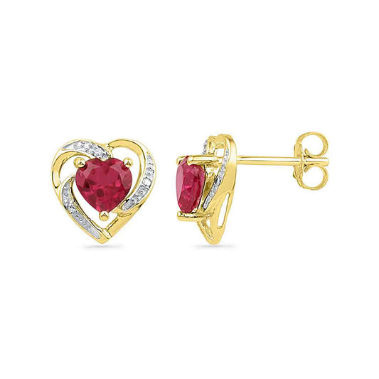 10K Yellow Gold Womens Round Synthetic Ruby Diamond Heart Earrings 3/8 Cttw, Length: 0.4 In, Width: 0.41 In