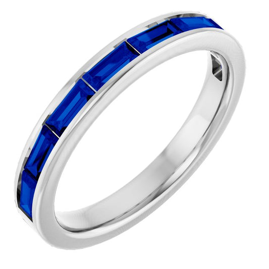 14K White Gold Straight Baguette 4 X 2 Mm Polished Natural Blue Sapphire Stackable Ring, Size 7