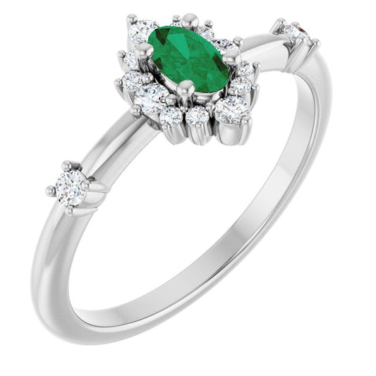 14K White Gold Oval 5 X 3 Mm Polished Natural Emerald And 1/6 Ctw Natural Diamond Halo-Style Ring Size 7