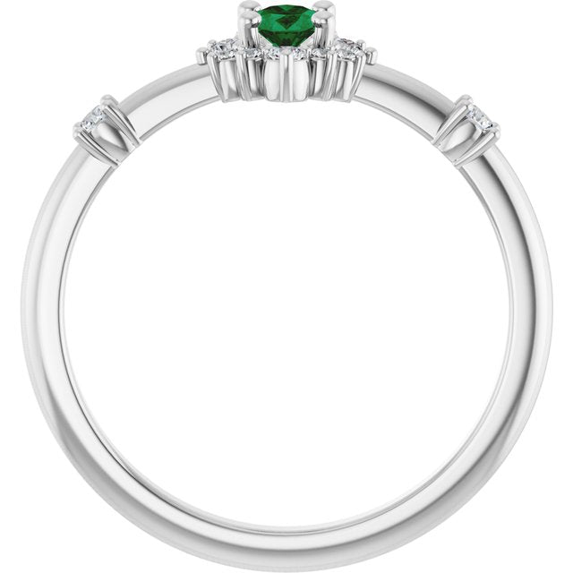 14K White Gold Oval 5 X 3 Mm Polished Natural Emerald And 1/6 Ctw Natural Diamond Halo-Style Ring Size 7