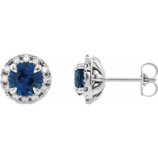 14K White Gold 4 Mm Round Friction Back Polished Natural Blue Sapphire And 1/5 Ctw Natural Diamond Earrings
