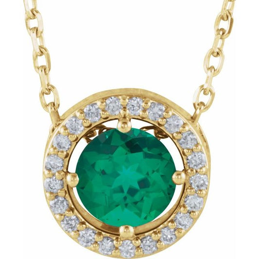 14K Yellow Gold Round 5Mm I1, G-H 16 In Polished Lab-Grown Emerald And .05 Ctw Natural Diamond Necklace