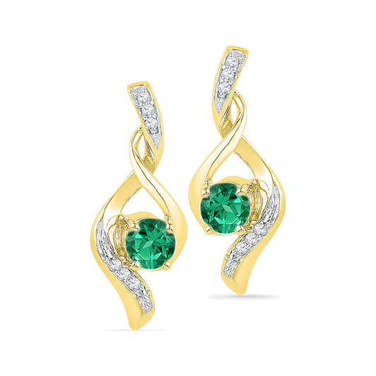 10K Yellow Gold Womens Round Synthetic Emerald Solitaire Diamond Earrings 1/3 Cttw, Length: 0.72 In, Width: 0.26 In