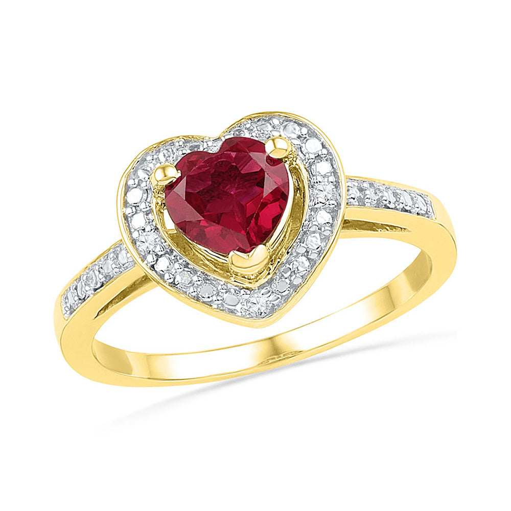 10K Yellow Gold Or Sterling Silver Womens Round Synthetic Ruby Heart Diamond Ring 1 Cttw, Womens Size: 5-10