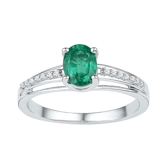 Sterling Silver Womens Oval Synthetic Emerald Solitaire Diamond Ring 1/2 Cttw, Womens Size: 5-10