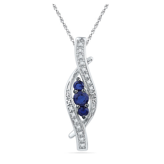 Sterling Silver Womens Round Synthetic Blue Sapphire Diamond Pendant 1/20 Cttw, Length: 1.09 In, Width: 0.3 In