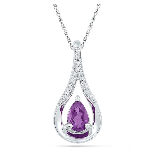 Sterling Silver Womens Pear Synthetic Amethyst Solitaire Diamond Teardrop Pendant 1/2 Cttw, Width: 0.35 In