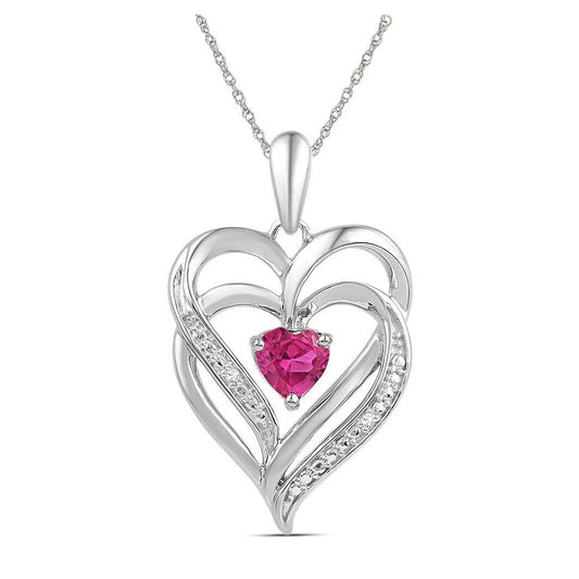 Sterling Silver Womens Round Synthetic Pink Sapphire Double Heart Pendant 3/4 Cttw, Width: 0.63 In