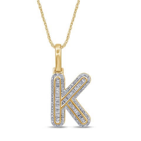 10K Yellow Gold Baguette & Round Diamond  Initial Pendant Necklace