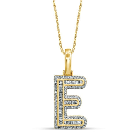 10K Yellow Gold Baguette & Round Diamond  Initial Pendant Necklace