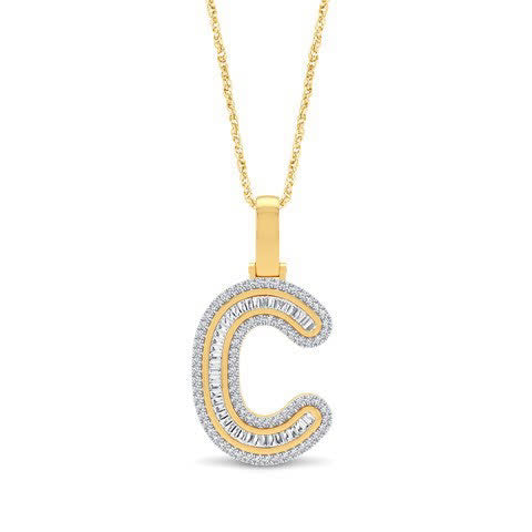 10K Yellow Gold Baguette & Round Diamond  Initial Pendant Necklace