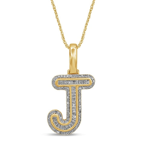 10K Yellow Gold Baguette & Round Diamond  Initial Pendant Necklace