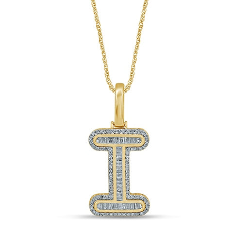 10K Yellow Gold Baguette & Round Diamond  Initial Pendant Necklace