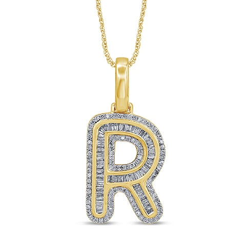 10K Yellow Gold Baguette & Round Diamond  Initial Pendant Necklace