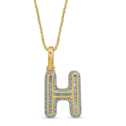 10K Yellow Gold Baguette & Round Diamond  Initial Pendant Necklace