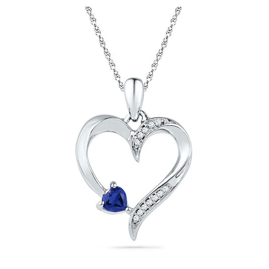 Sterling Silver Womens Round Synthetic Blue Sapphire Heart Pendant 1/4 Cttw, Width: 0.61 In