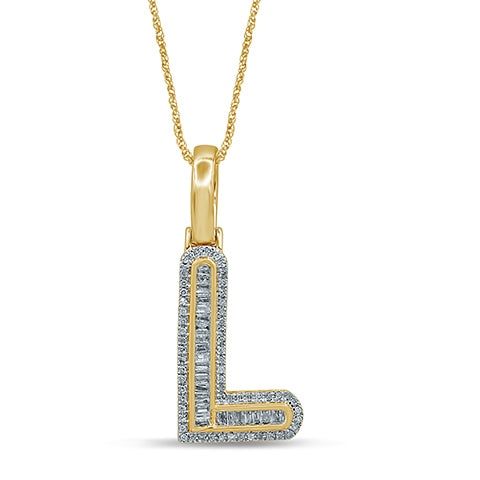 10K Yellow Gold Baguette & Round Diamond  Initial Pendant Necklace