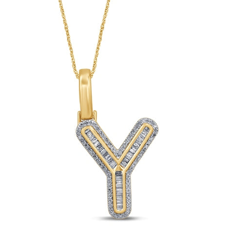 10K Yellow Gold Baguette & Round Diamond  Initial Pendant Necklace