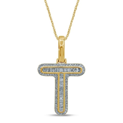 10K Yellow Gold Baguette & Round Diamond  Initial Pendant Necklace