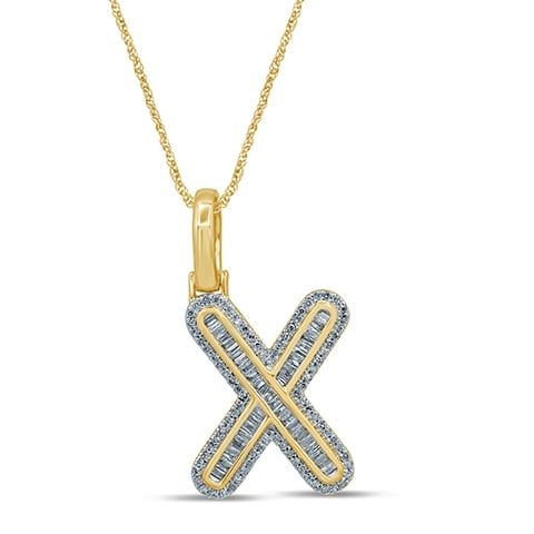 10K Yellow Gold Baguette & Round Diamond  Initial Pendant Necklace
