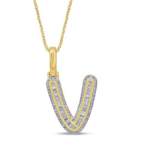 10K Yellow Gold Baguette & Round Diamond  Initial Pendant Necklace