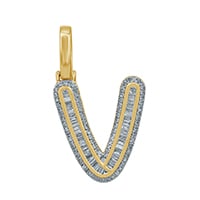 10K Yellow Gold Baguette & Round Diamond  Initial Pendant Necklace