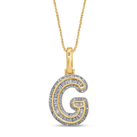 10K Yellow Gold Baguette & Round Diamond  Initial Pendant Necklace