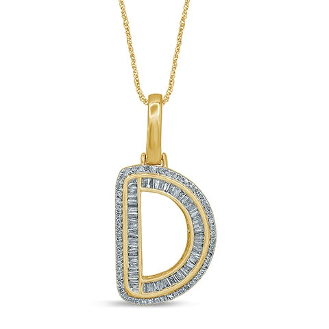 10K Yellow Gold Baguette & Round Diamond  Initial Pendant Necklace