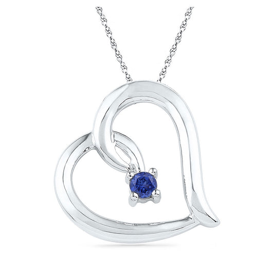 Sterling Silver Womens Round Synthetic Blue Sapphire Heart Pendant 1/8 Cttw, Width: 0.64 In