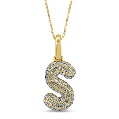 10K Yellow Gold Baguette & Round Diamond  Initial Pendant Necklace