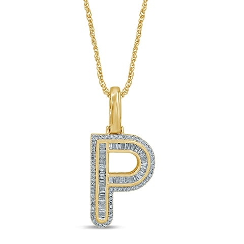 10K Yellow Gold Baguette & Round Diamond  Initial Pendant Necklace