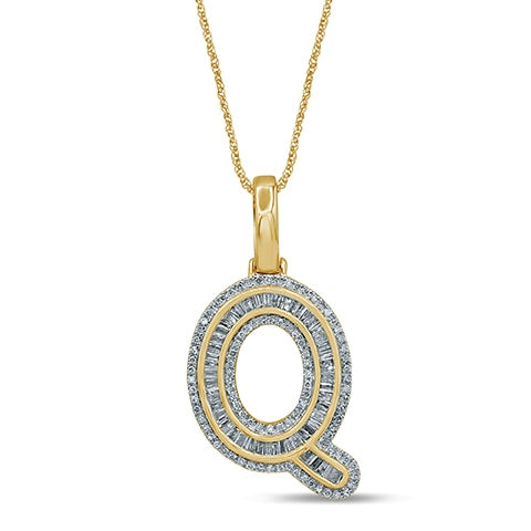 10K Yellow Gold Baguette & Round Diamond  Initial Pendant Necklace