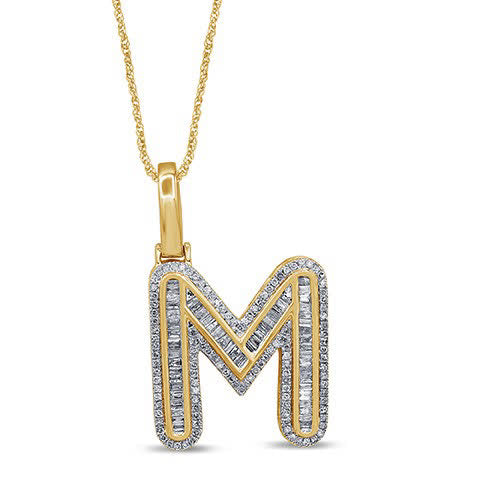 10K Yellow Gold Baguette & Round Diamond  Initial Pendant Necklace