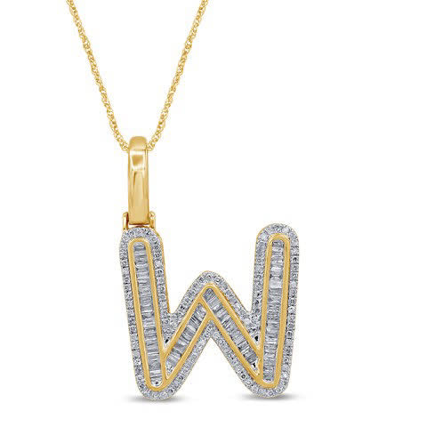 10K Yellow Gold Baguette & Round Diamond  Initial Pendant Necklace