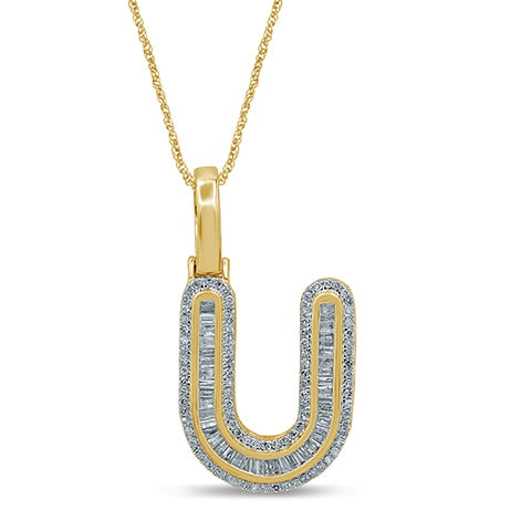 10K Yellow Gold Baguette & Round Diamond  Initial Pendant Necklace