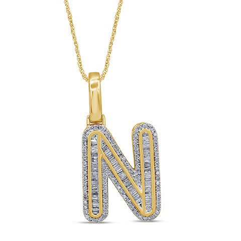 10K Yellow Gold Baguette & Round Diamond  Initial Pendant Necklace