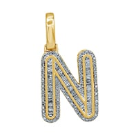 10K Yellow Gold Baguette & Round Diamond  Initial Pendant Necklace