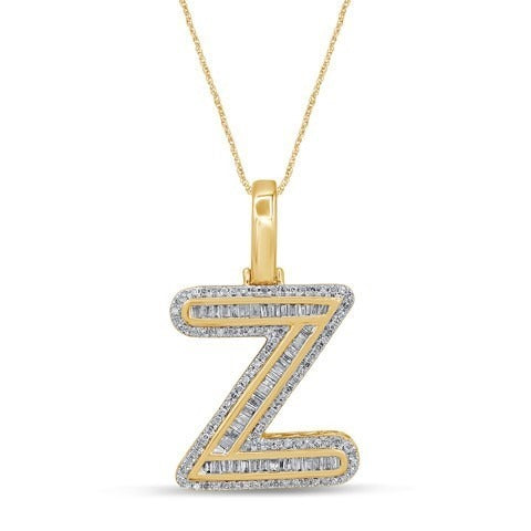 10K Yellow Gold Baguette & Round Diamond  Initial Pendant Necklace